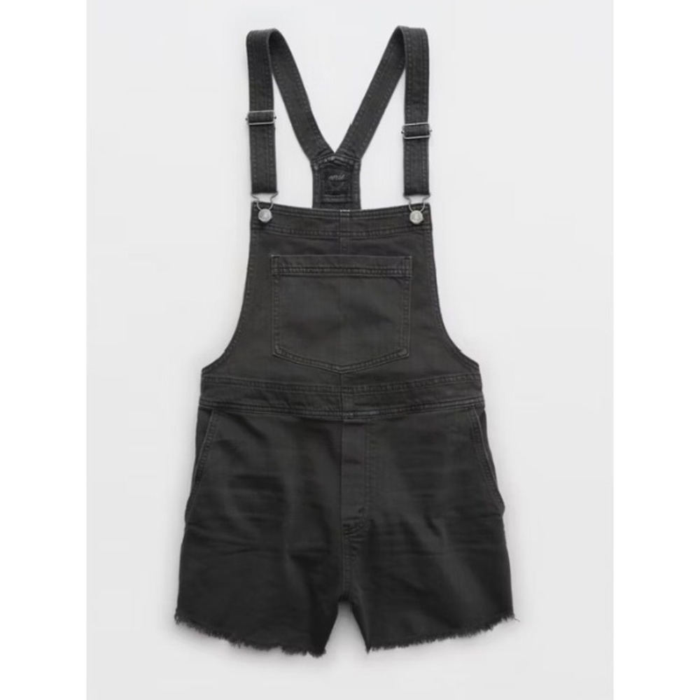 Aerie Womens Washed Black Denim Shortall Overalls Frayed Hem Size L NWT